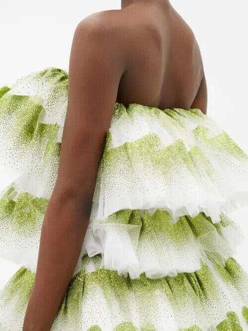 Halpern Shimmery Green Tiered Tulle Poofy Ruffle Strapless Mini Dress - Imagen 8