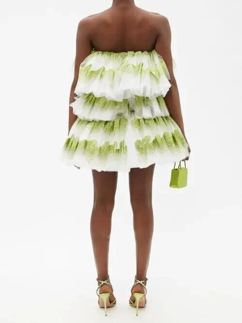 Halpern Shimmery Green Tiered Tulle Poofy Ruffle Strapless Mini Dress - Imagen 7