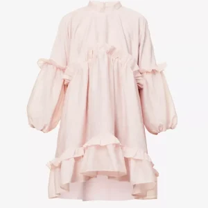 Sister Jane Pink Tiered Skirt Woven Mini Puff Sleeve Dress