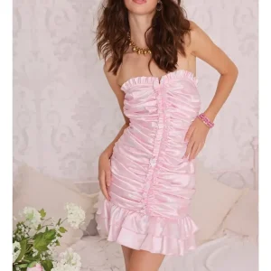 Amy Jane London Emilia Pink Satin Sweetheart Strapless Ruched Mini Dress