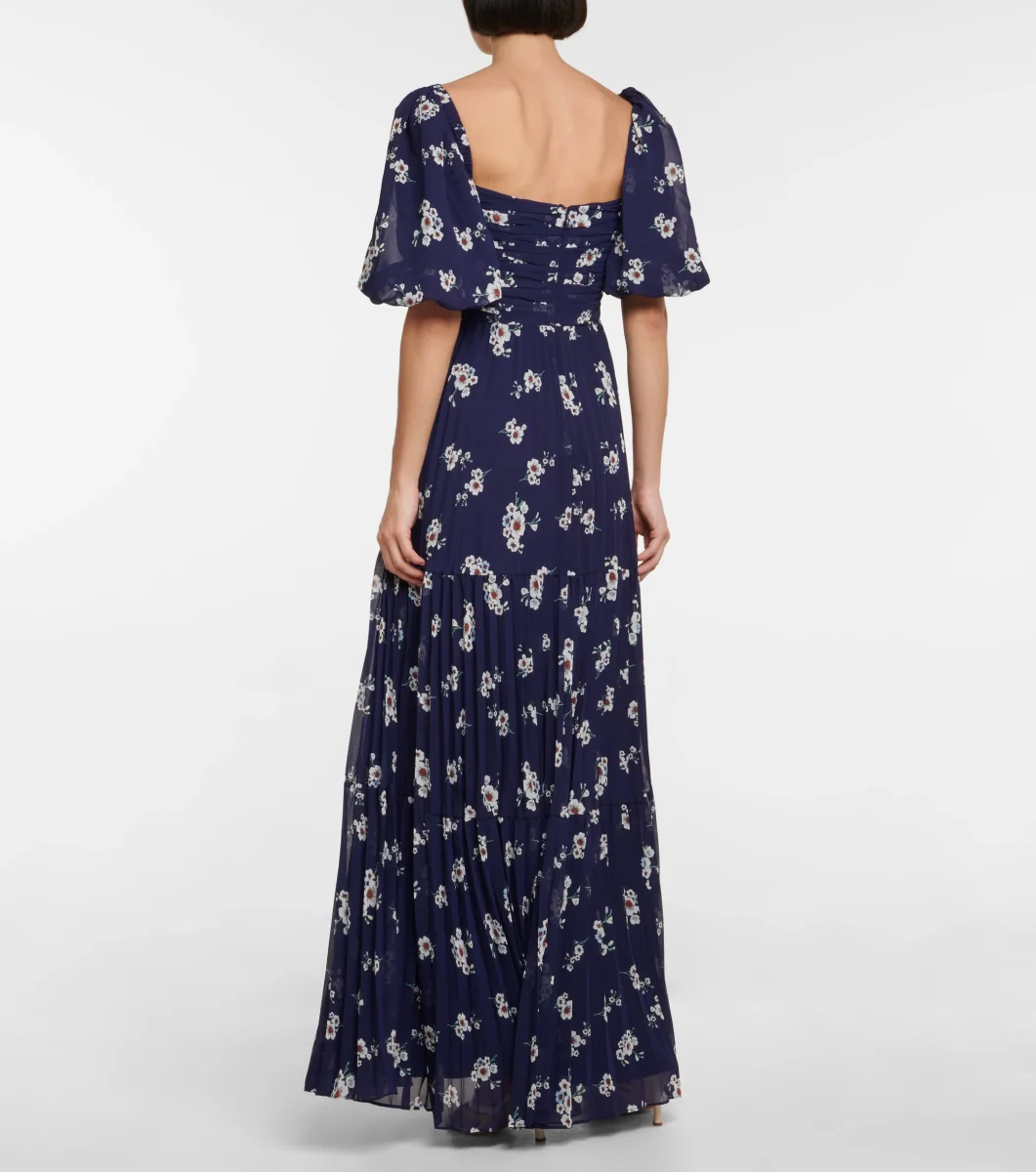 Self-Portrait Pansy Floral Blue Sweetheart Neck Pleated Chiffon Maxi Dress - Imagen 7