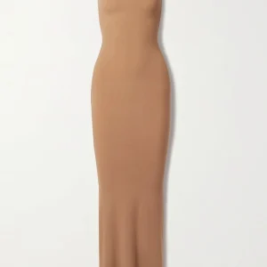 Skims Soft Lounge Ribbed Stretch Modal Slip Camel Brown Dress