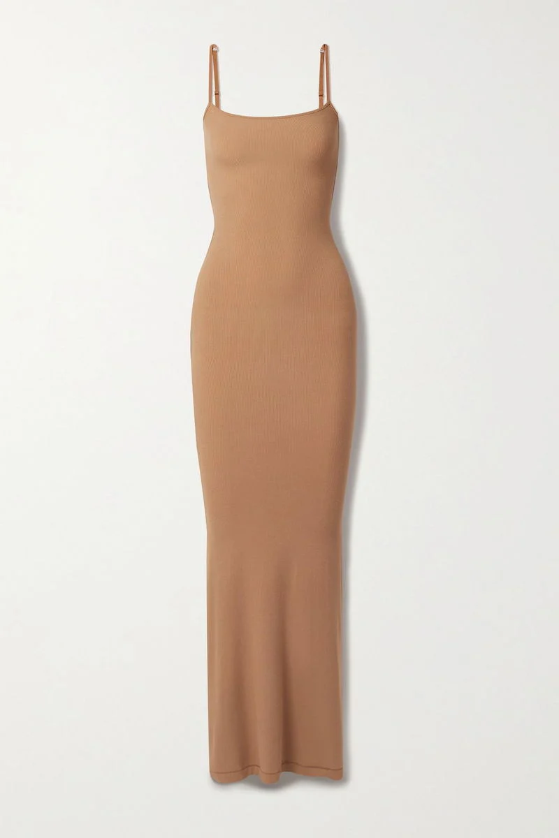 Skims Soft Lounge Ribbed Stretch Modal Slip Camel Brown Dress - Imagen 2