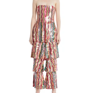 Osman London Rainbow Red Yellow Pink Sequinned Strapless Tiered Flounce Leg Tamina Jumpsuit