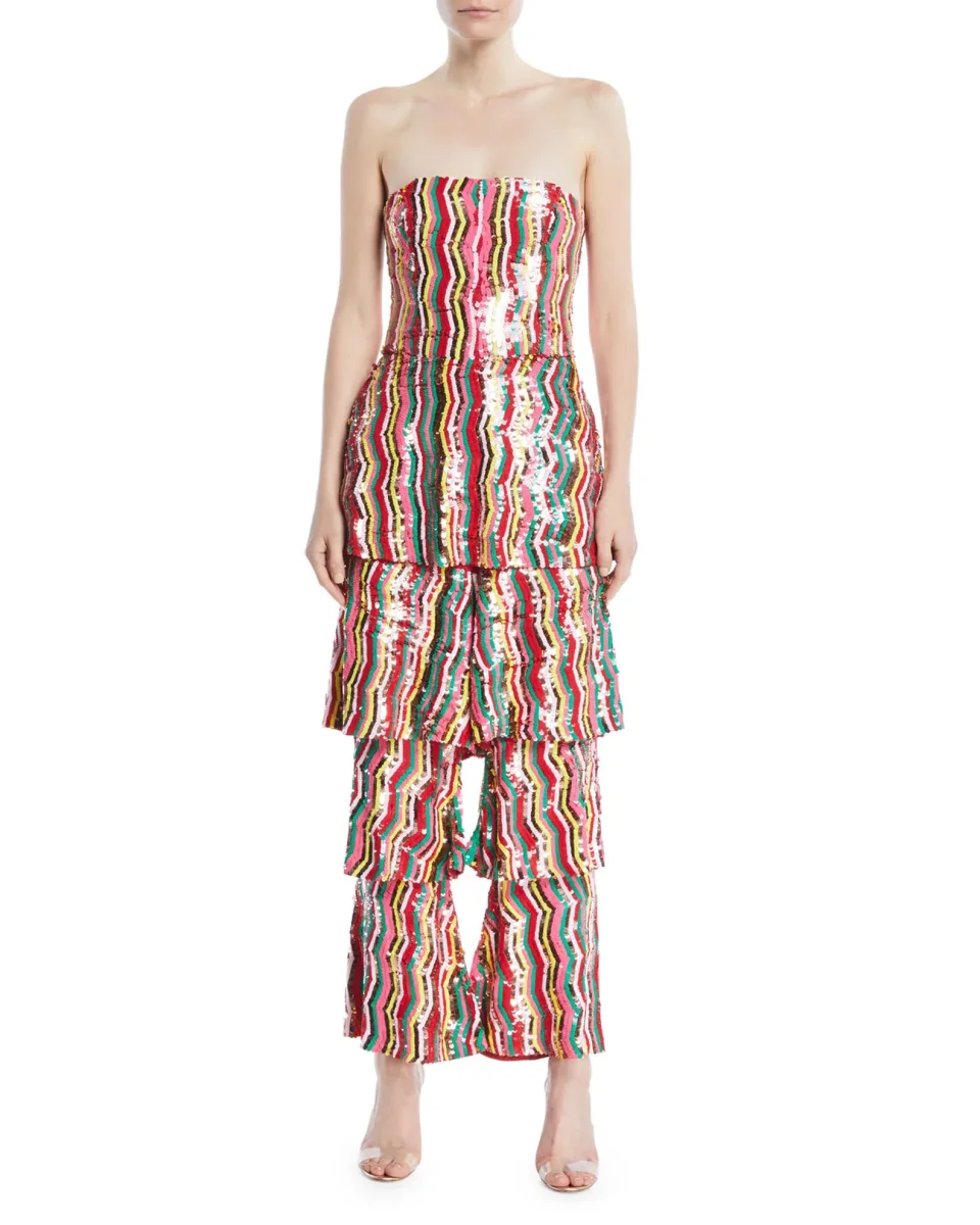Osman London Rainbow Red Yellow Pink Sequinned Strapless Tiered Flounce Leg Tamina Jumpsuit - Imagen 2
