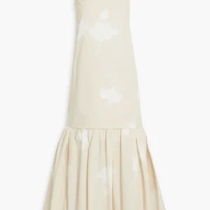 Another Tomorrow Floral Gathered Flounce Hem Cream Organic Cotton Dress