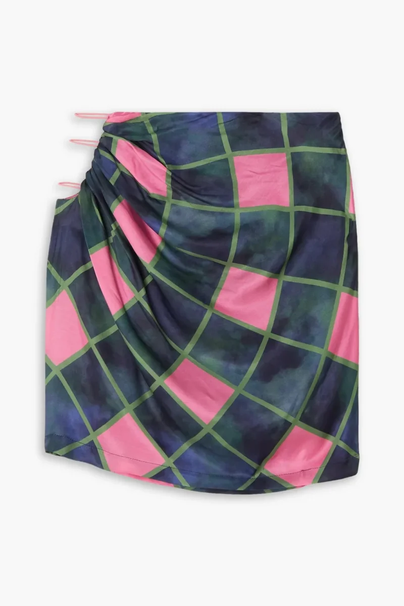 AHLUWALIA Patel Cutout Draped Navy Pink Check Printed Matte-Satin Mini Skirt - Imagen 7