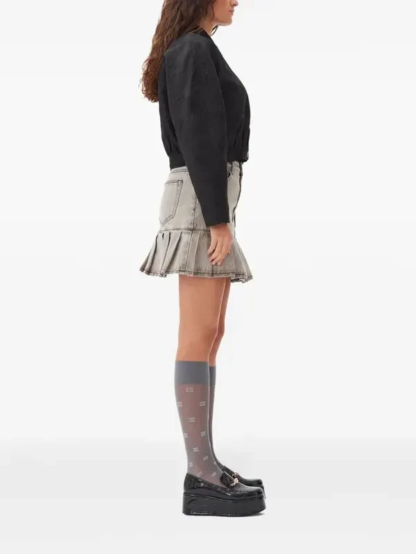 Ganni Grey Preppy Pleated Hem Logo Patch Mini Skirt - Imagen 4