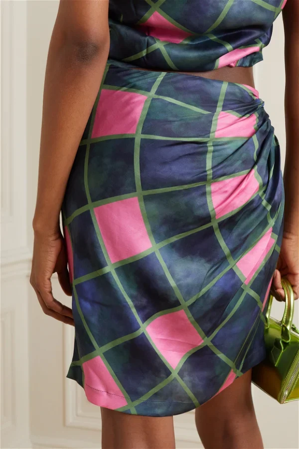 AHLUWALIA Patel Cutout Draped Navy Pink Check Printed Matte-Satin Mini Skirt - Imagen 3