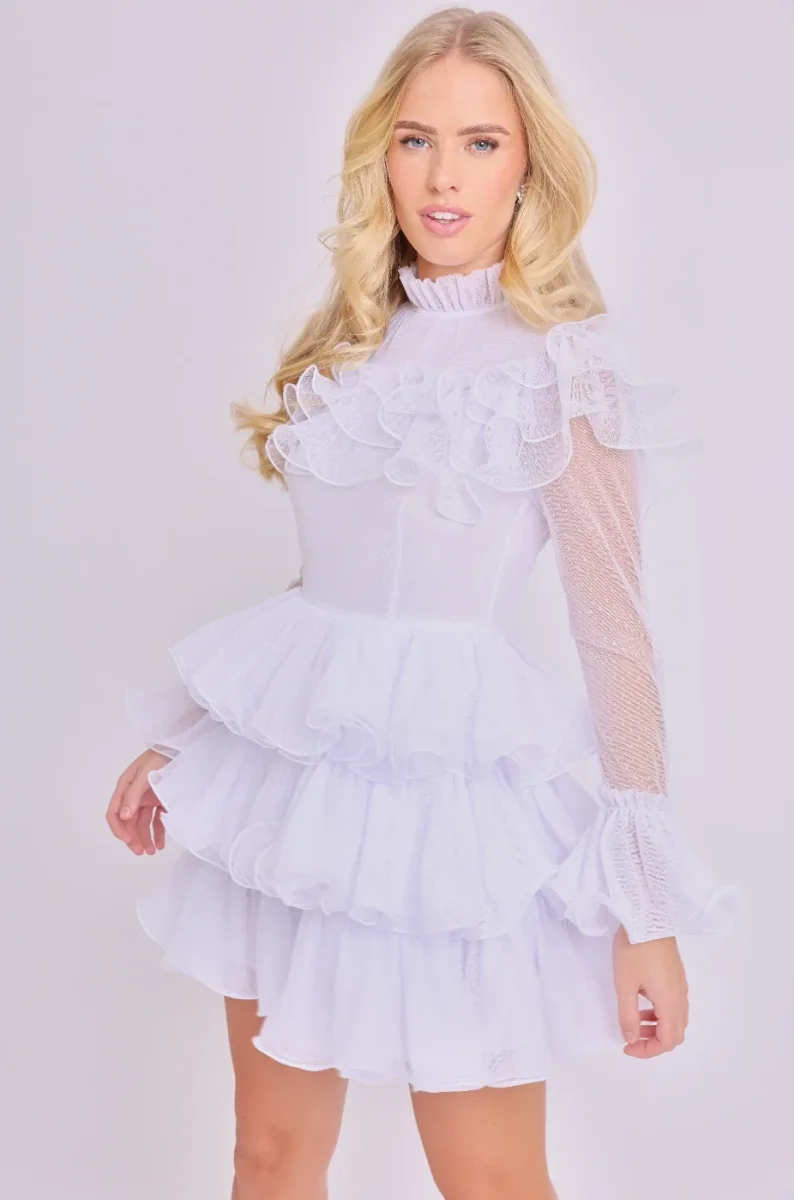 Amy Jane London White Long Sleeve Ruffle Tiered Detail Flared Evalina Mini Dress - Imagen 3