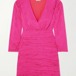 Rixo Ruched Satin Rose Jacquard Pink Mini Dress