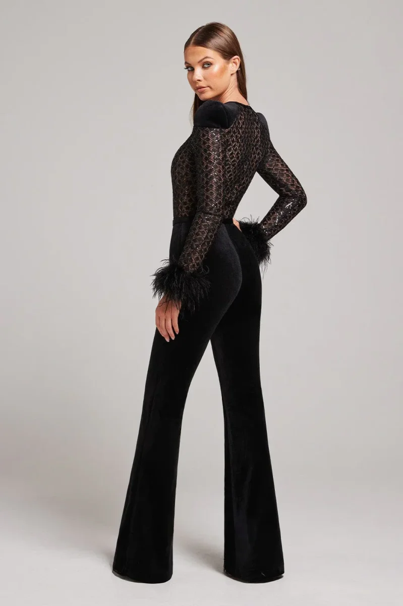 NADINE MERABI Black Monique Sequinned Lace Detail Feather Cuff Jumpsuit - Imagen 8