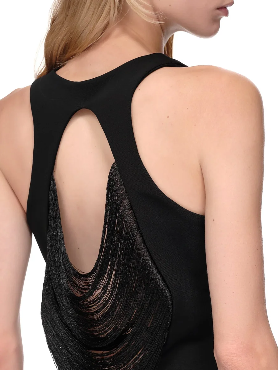 MAXIMILIAN DAVIS Black Fall Fringe Detail Mini Dress - Imagen 7