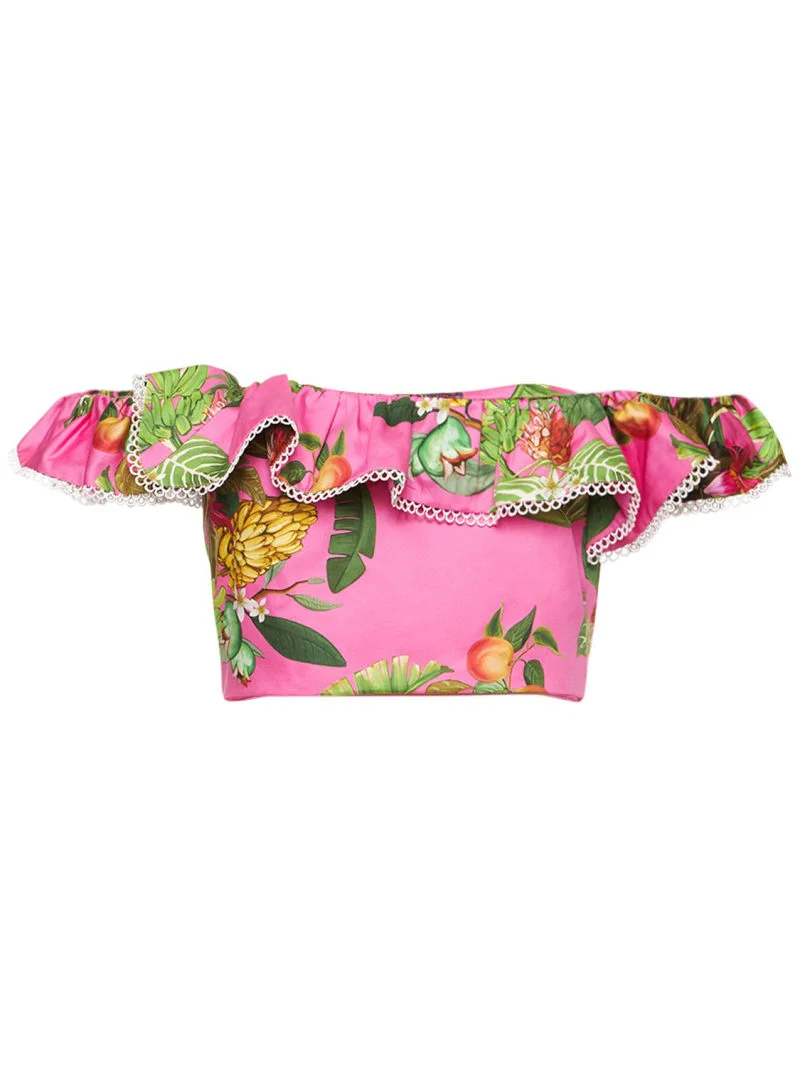 Borgo De Nor Pink Tropical Jazz Printed Cotton Crop Top - Imagen 3