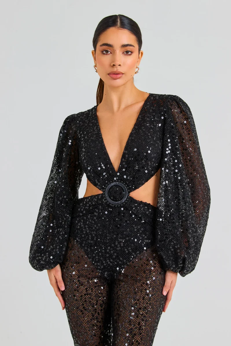 Nadine Merabi Black Madison Sequin Net Embellished Detail Cut-Out Jumpsuit - Imagen 8