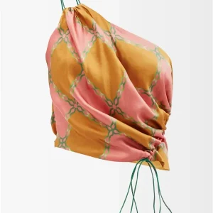 AHLUWALIA Silk Tumeric Pink Green Check Printed Tie Detail One Shoulder Top