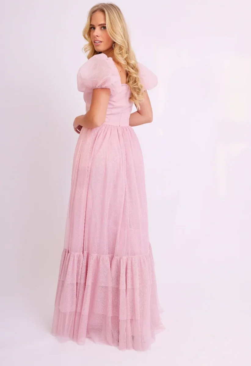 Amy Jane London Pink Tiffany Corset Bodice Sparkly Tulle Puff Sleeve Sweetheart Neck Maxi Gown - Imagen 7