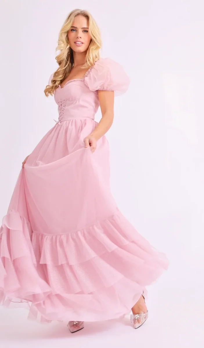 Amy Jane London Pink Tiffany Corset Bodice Sparkly Tulle Puff Sleeve Sweetheart Neck Maxi Gown - Imagen 5