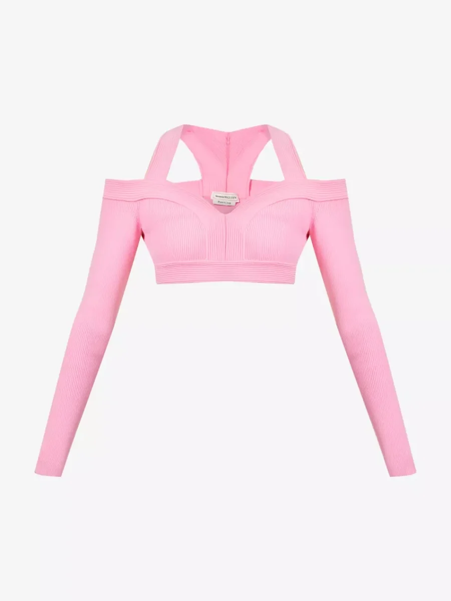 Alexander McQueen Pink Sweetheart Neck Cropped Rib Knit Long Sleeve Top - Imagen 3