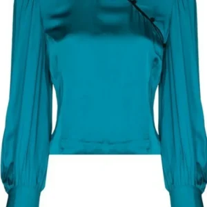 De La Vali Blue Satin Mandarin Collar Pachino Blouse