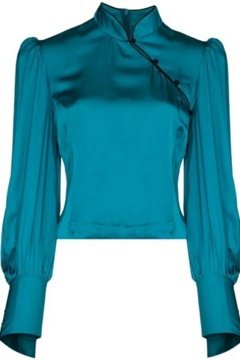 De La Vali Blue Satin Mandarin Collar Pachino Blouse - Imagen 2