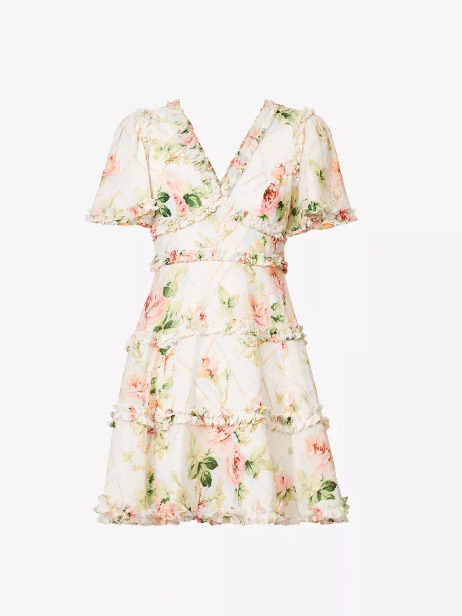 Needle and Thread Harlequin Floral Rose Print Ruffle Detail Mini Dress - Imagen 3