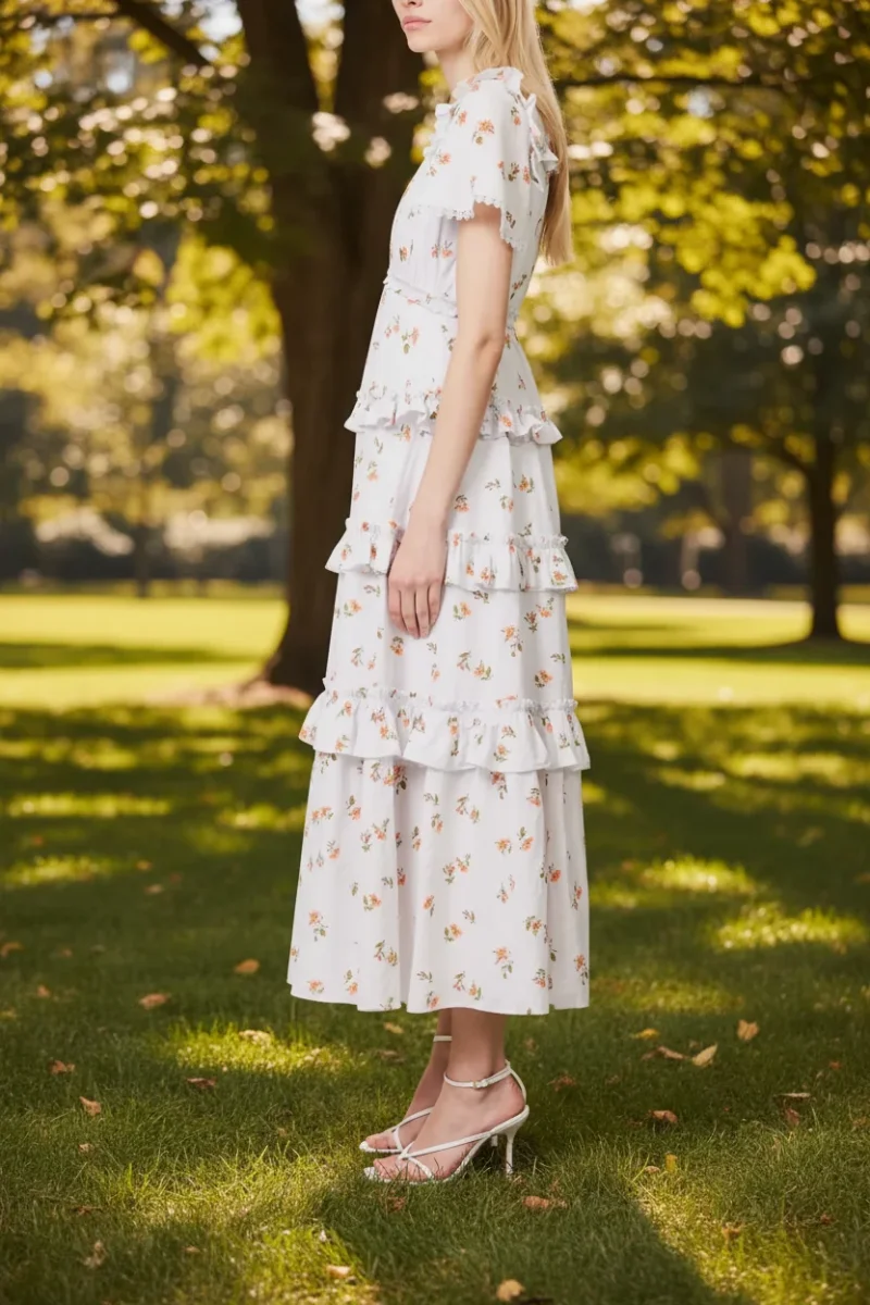 Needle & Thread Floral Scatter Ditsy Tiered Hem Organic Cotton Midi Dress - Imagen 4