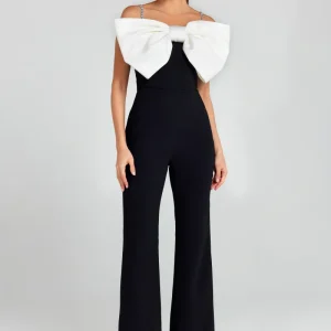 Nadine Merabi Jenny Large Bow Front Black White Diamante Strap Jumpsuit