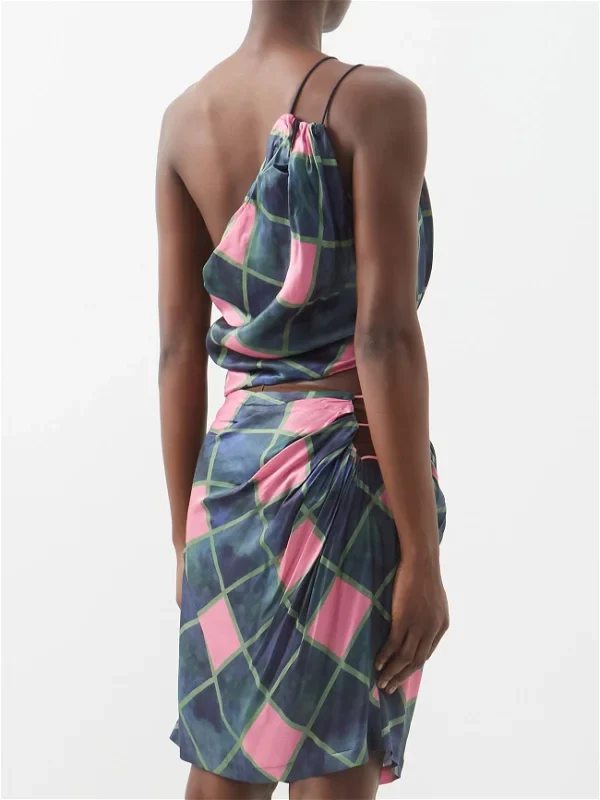 AHLUWALIA Patel One-Shoulder Draped Navy Pink Check Printed Satin Top - Imagen 6