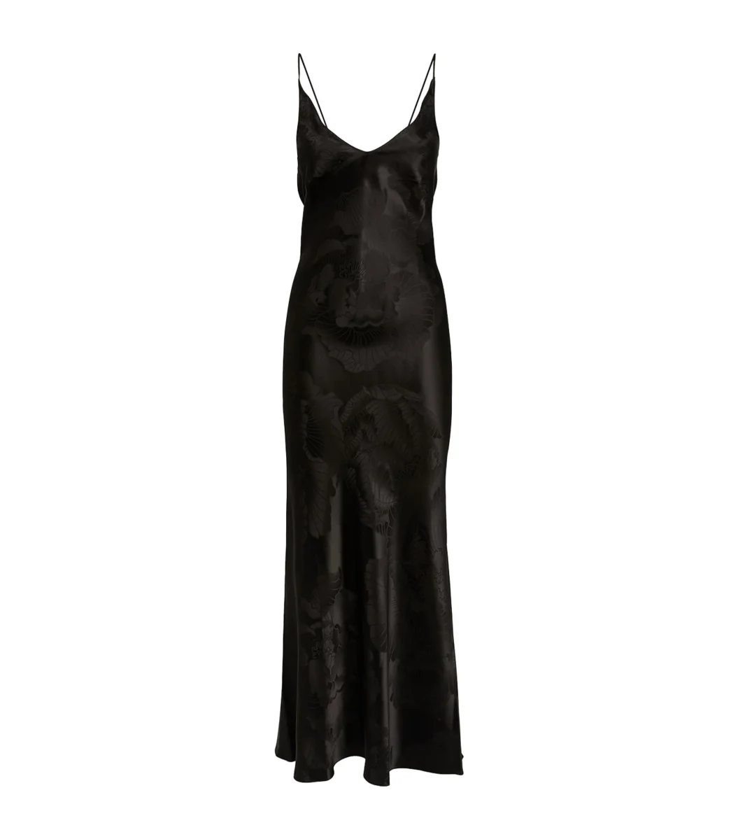 CARINE GILSON Silk Jacquard Print Midi Slip Black Dress - Imagen 8