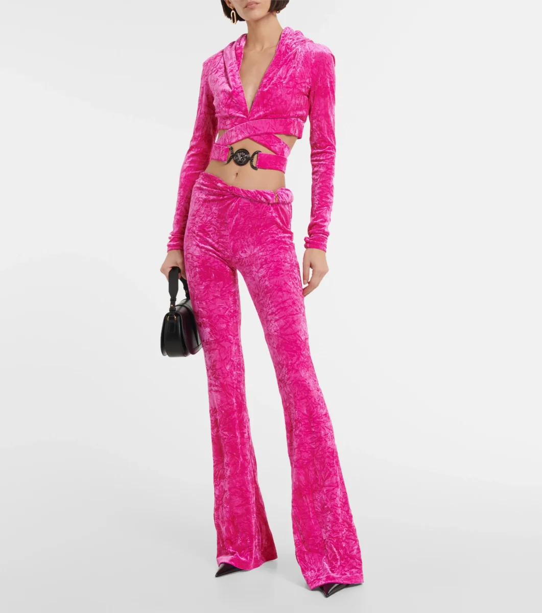 Versace Pink Crushed Velvet Gold Ring Detail Trousers - Imagen 6