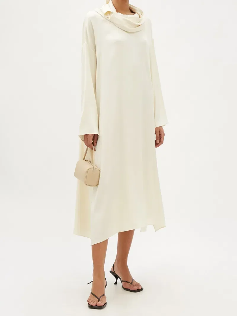 The Row Ivory Cowl Neck Silk Twill Long Sleeve Santia Dress
