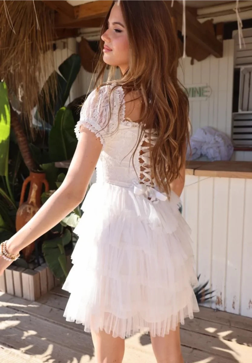 Amy Jane London White Sofia Lace Coquette Corset Style Ballerina Tulle Hem Mini Dress - Imagen 3