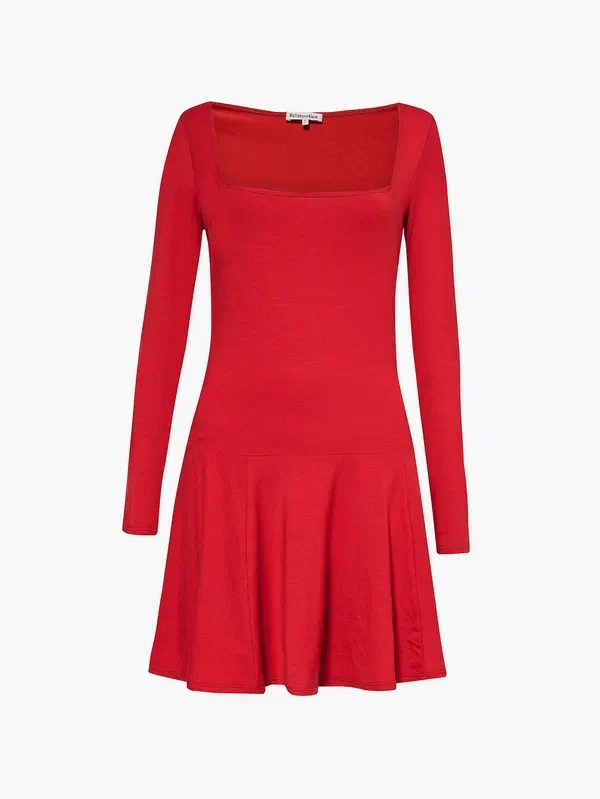 Reformation Coen Red Knit Square Neck Drop Waist Pleat Hem Mini Dress - Imagen 6