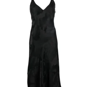 CARINE GILSON Silk Jacquard Print Midi Slip Black Dress