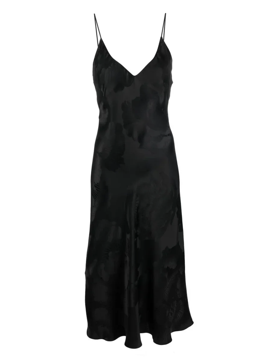 CARINE GILSON Silk Jacquard Print Midi Slip Black Dress - Imagen 2