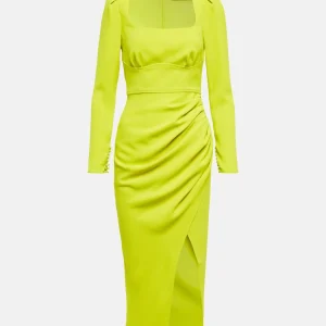 Self-Portrait Lime Green Ruched Crêpe Midi Dress