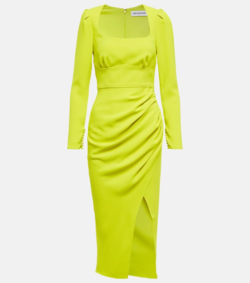 Self-Portrait Lime Green Ruched Crêpe Midi Dress