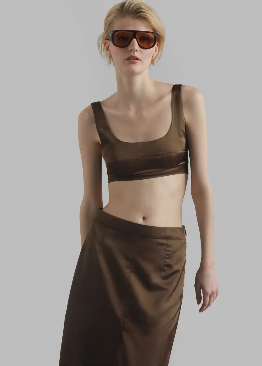 The Frankie Shop Kacey Brown Satin Split Front Midi Skirt - Imagen 7