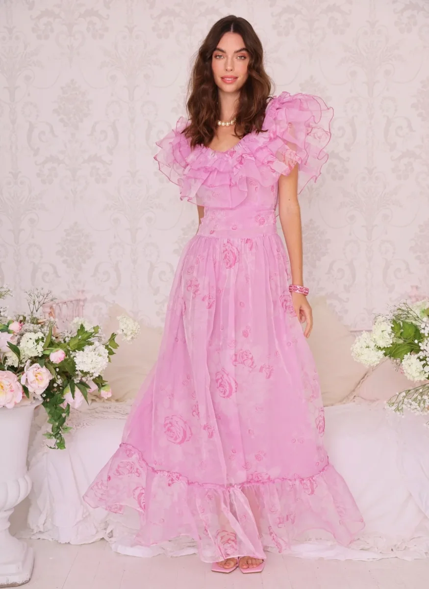 Amy Jane London Pink Aurora Fairytale Organza Floral Ruffle Neck Whimsy Gown - Imagen 6