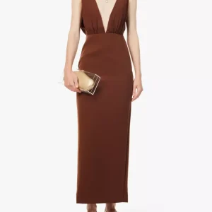 Reformation x Laura Harrier Velda Plunge Neck Brown Dress
