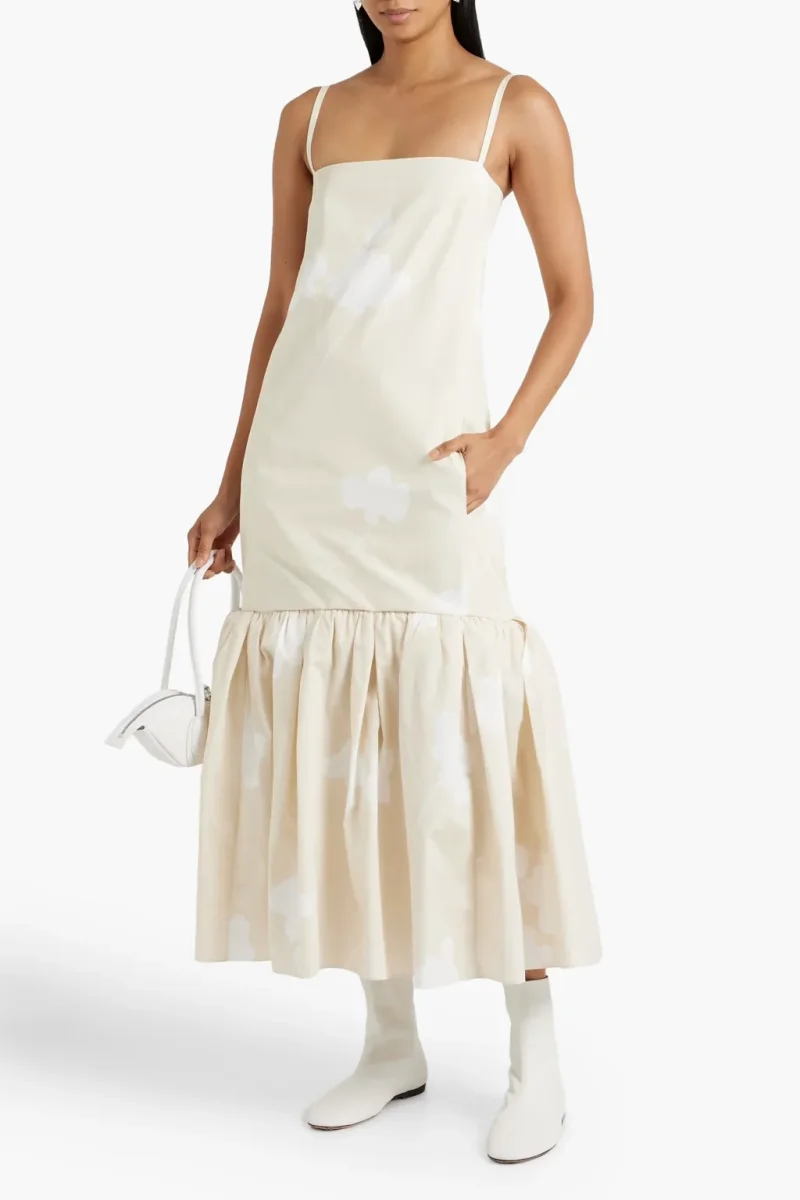 Another Tomorrow Floral Gathered Flounce Hem Cream Organic Cotton Dress - Imagen 5