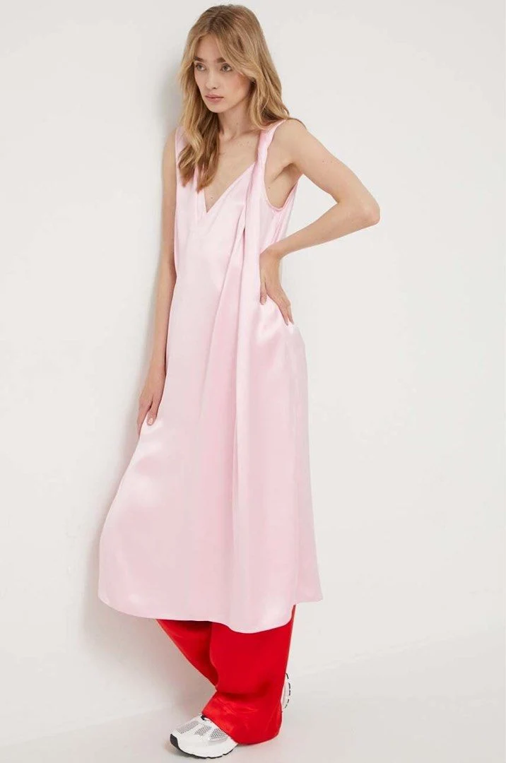 Stine Goya Pink Semi Heavy Satin V-Neck Sleeveless Midi Dress - Imagen 7