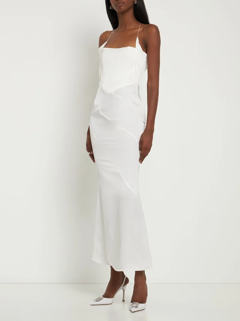 16ARLINGTON Bridal White Estelli Criss Cross Strappy Satin Slip Wedding Dress - Imagen 3