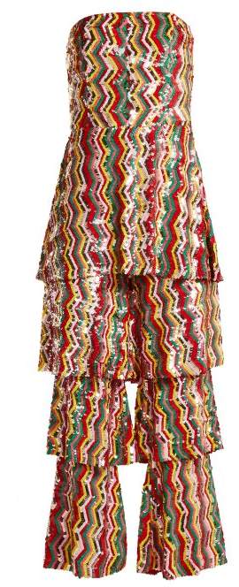 Osman London Rainbow Red Yellow Pink Sequinned Strapless Tiered Flounce Leg Tamina Jumpsuit - Imagen 3