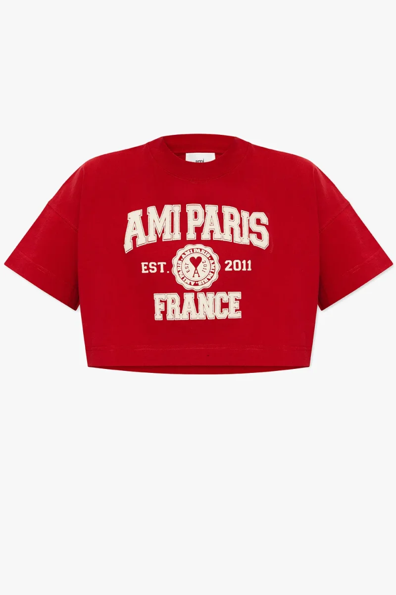 Ami Paris France Logo Front Red Crop Boxy T-Shirt Top - Imagen 3