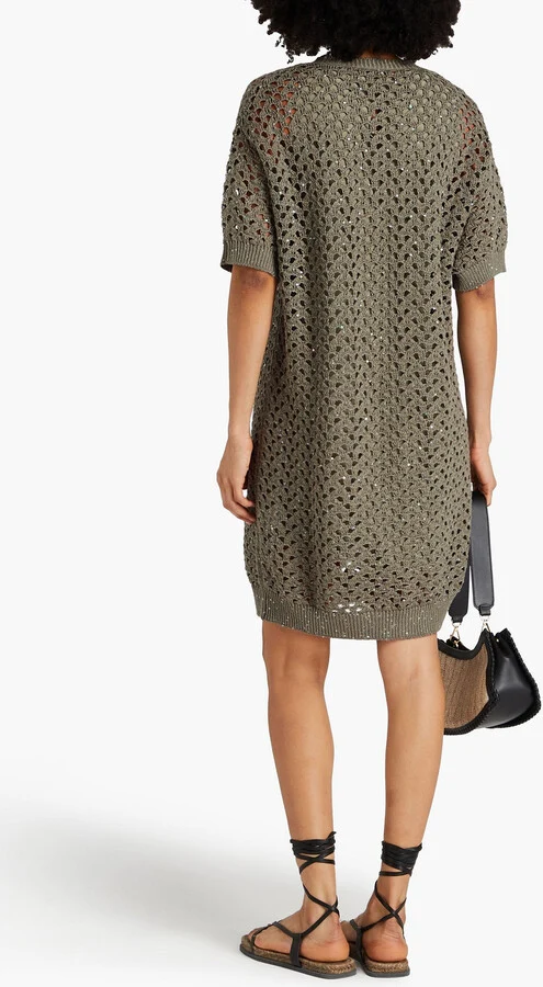 Brunello Cucinelli Green Crochet Open Knit Cotton Linen Silk Blend Dress - Imagen 8