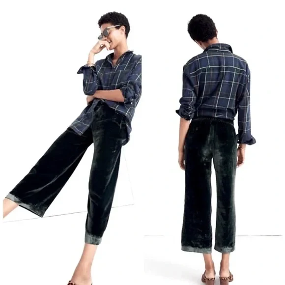 Madewell Huston Green Festive Velvet Pull On Wide Leg Crop Pants Trousers - Imagen 3