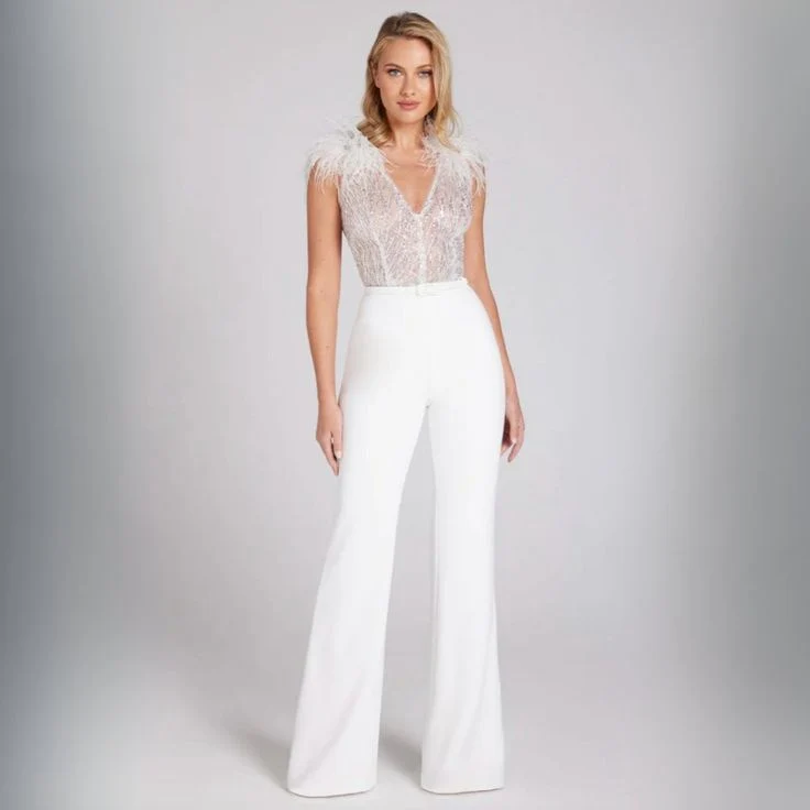 Nadine Merabi White Elissa Embellished Lace Feather Detail Jumpsuit - Imagen 3