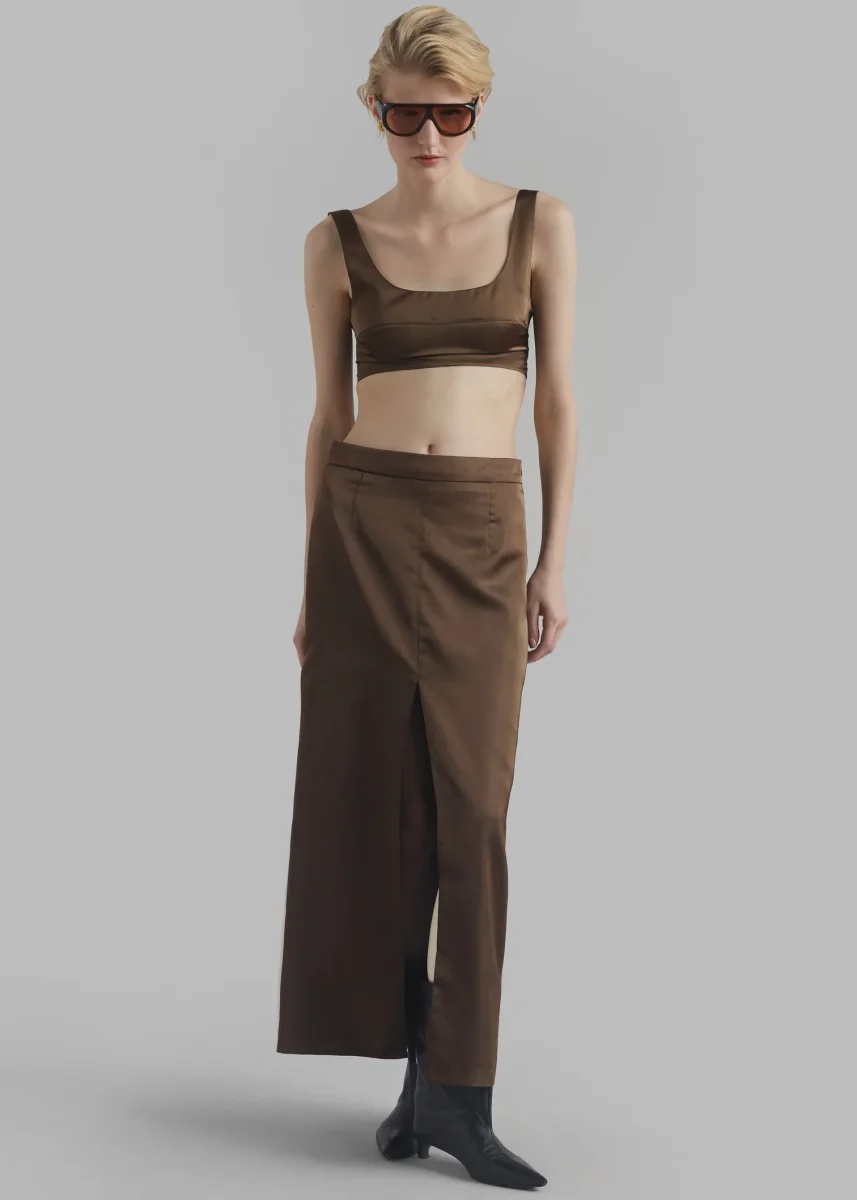 The Frankie Shop Kacey Brown Satin Split Front Midi Skirt - Imagen 4